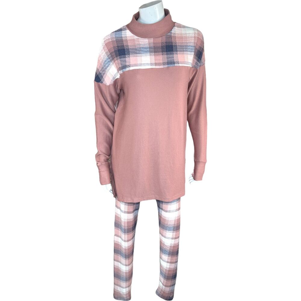 Cuddl Duds Cozy Jersey Fleece‎ Mock Neck Printed Set Pink/Ombre Plaid Small